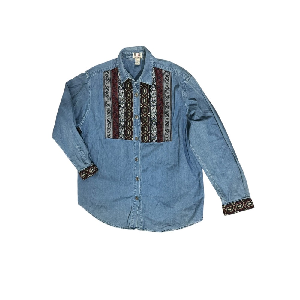 VTG 90s denim oversized southwestern sz L tapestry bib cuffs button shirt concho